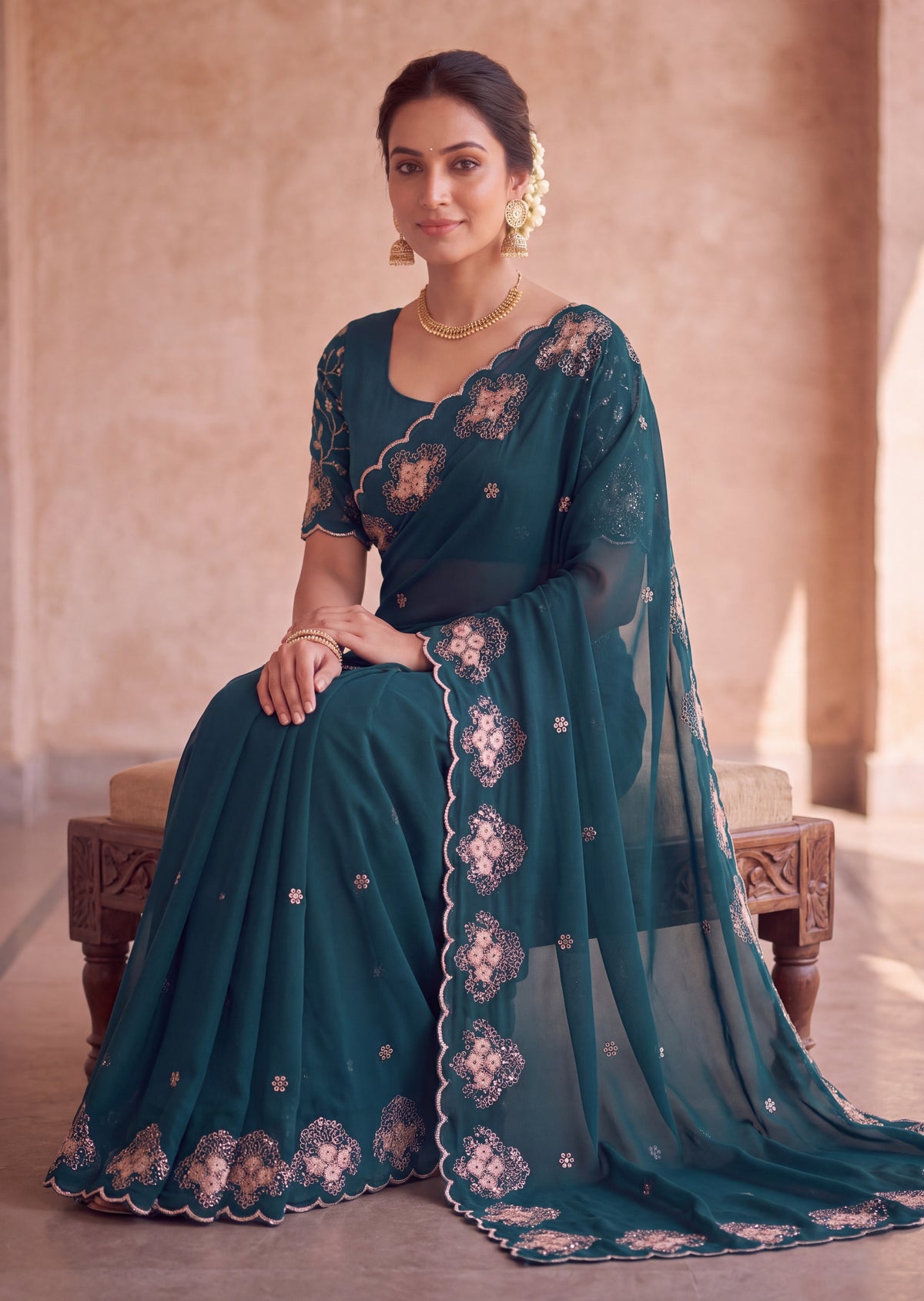 Classy Floral Embroidery Rangoli Saree