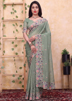 Floral Embroidery Two-Tone Crunchy Tissue Saree