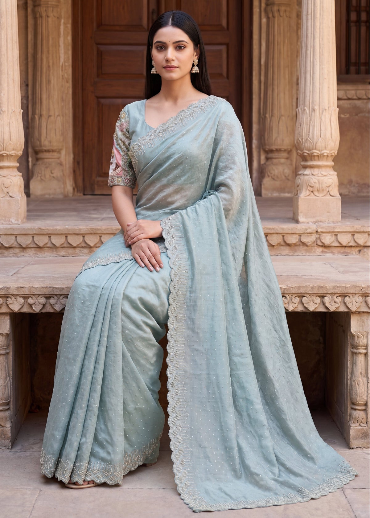 Pearl-Embellished Scalloped Border Saree