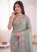 3D Floral Embroidery Two-Tone Crunchy Tissue Saree