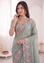 3D Floral Embroidery Two-Tone Crunchy Tissue Saree