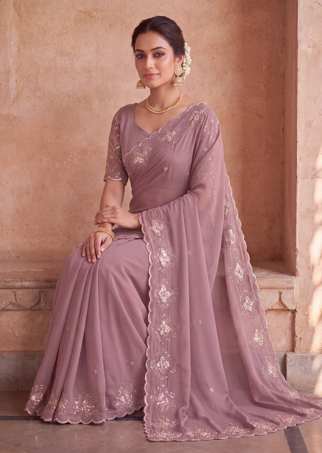 Classy Floral Embroidery Rangoli Saree