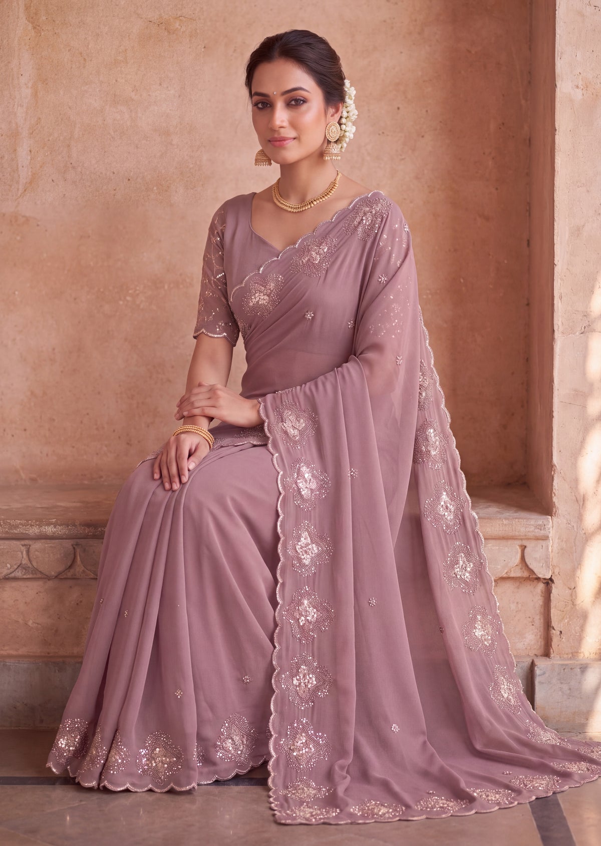 Classy Floral Embroidery Rangoli Saree