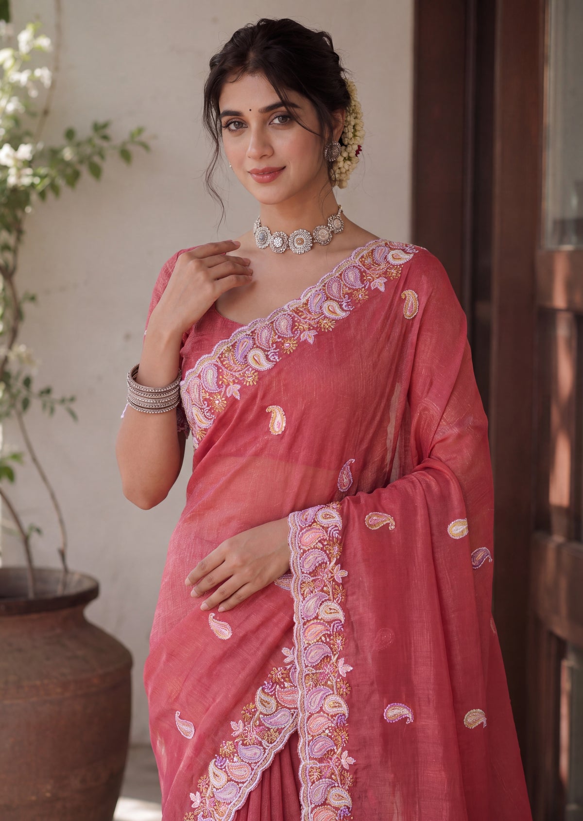 Designer Two-Tone Crunchy Tissue Saree