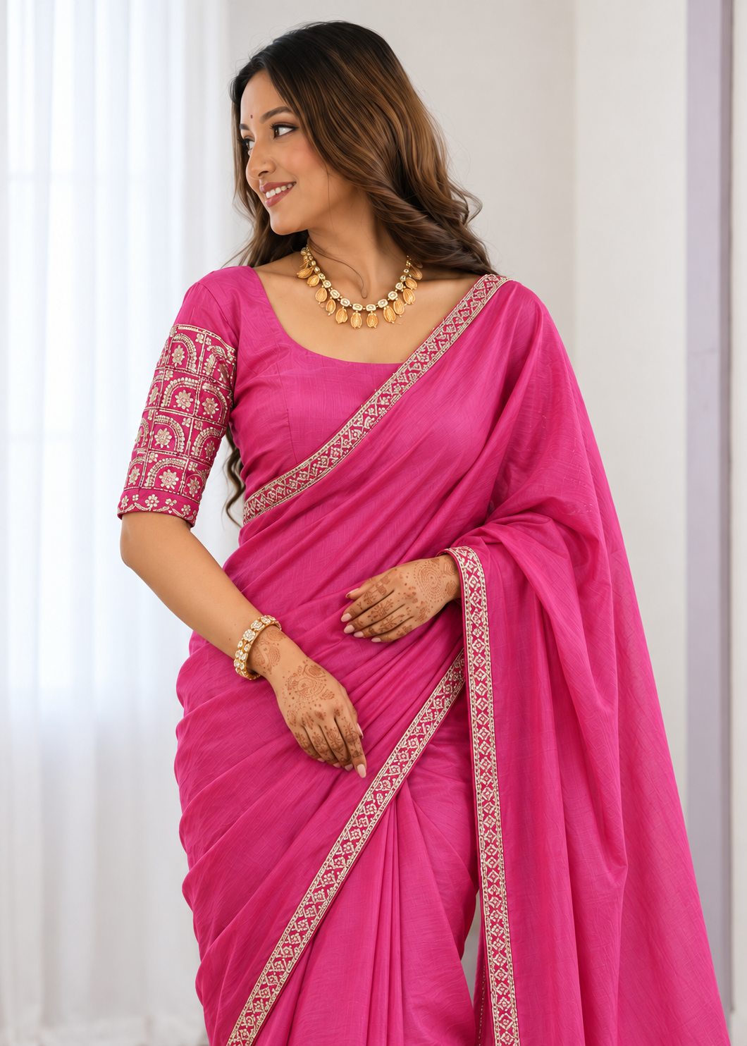 Premium Two-Tone NC Vichitra Beads Handwork Saree