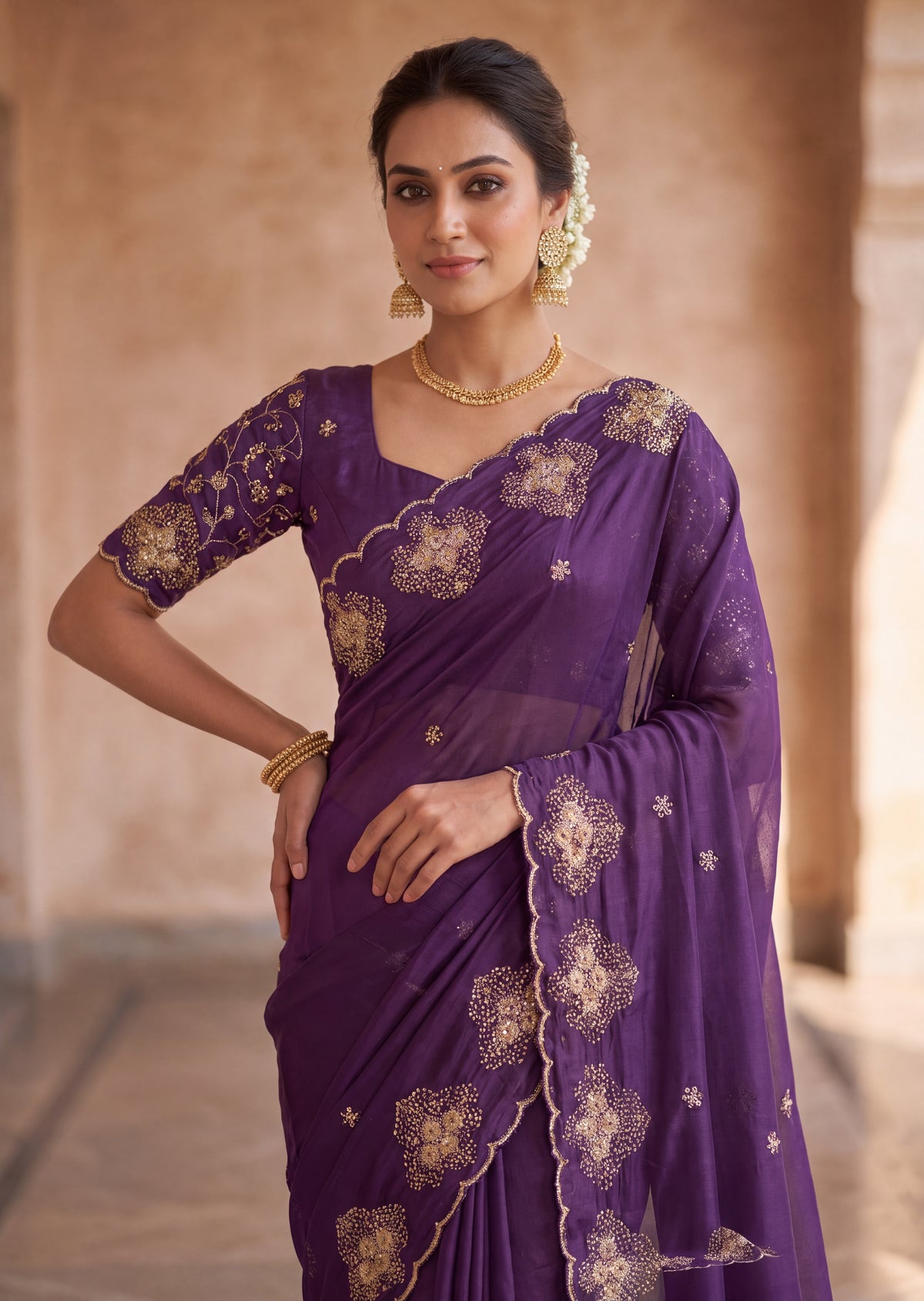 Classy Floral Embroidery Rangoli Saree