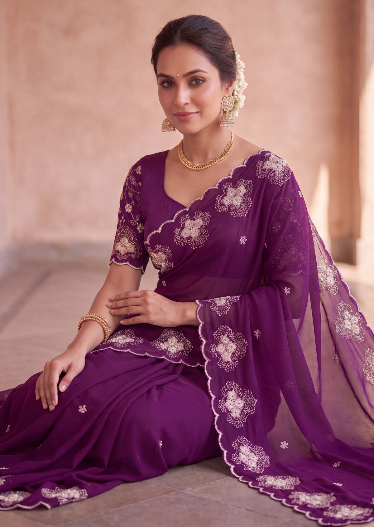Classy Floral Embroidery Rangoli Saree