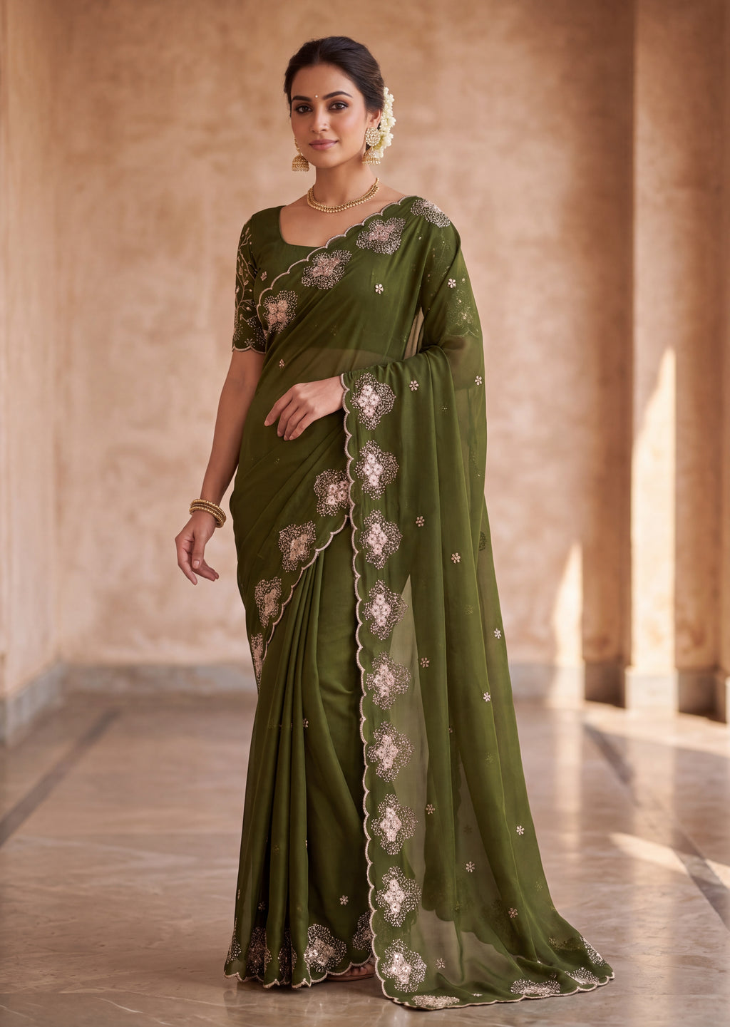 Classy Floral Embroidery Rangoli Saree