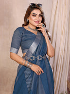 Soft Leaf Linen Silver Zari Border Cotton Saree