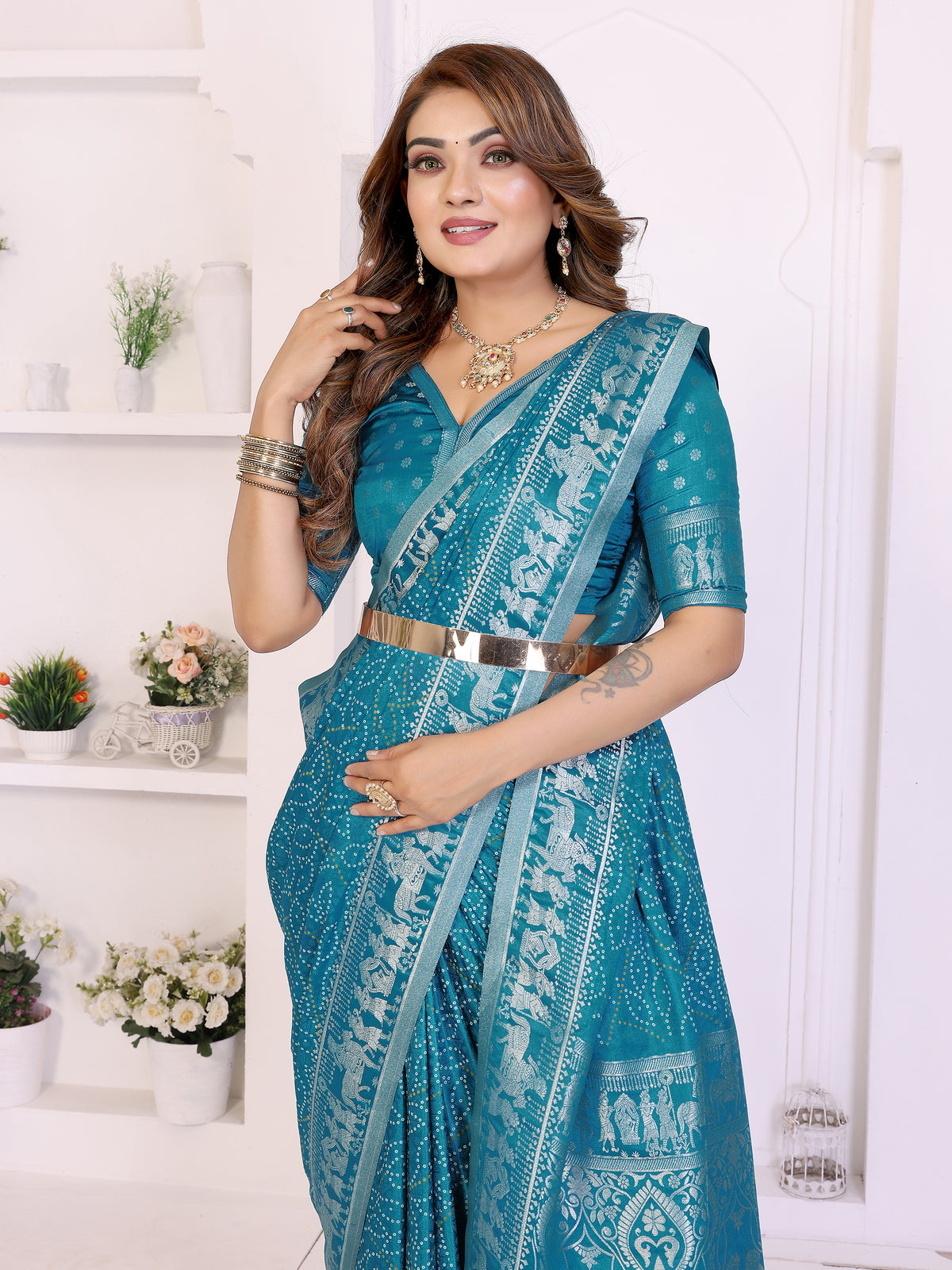 Kanchi Zari Border Satin Silk Bandhej Print Saree