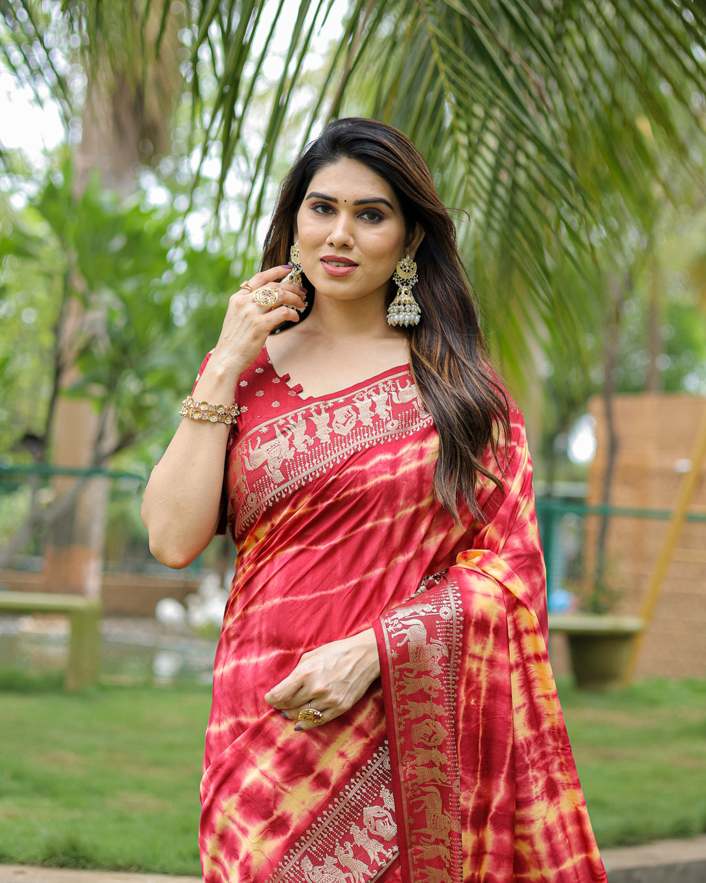 Traditional Printed Border Dola Silk Saree