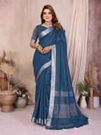 Soft Leaf Linen Silver Zari Border Cotton Saree