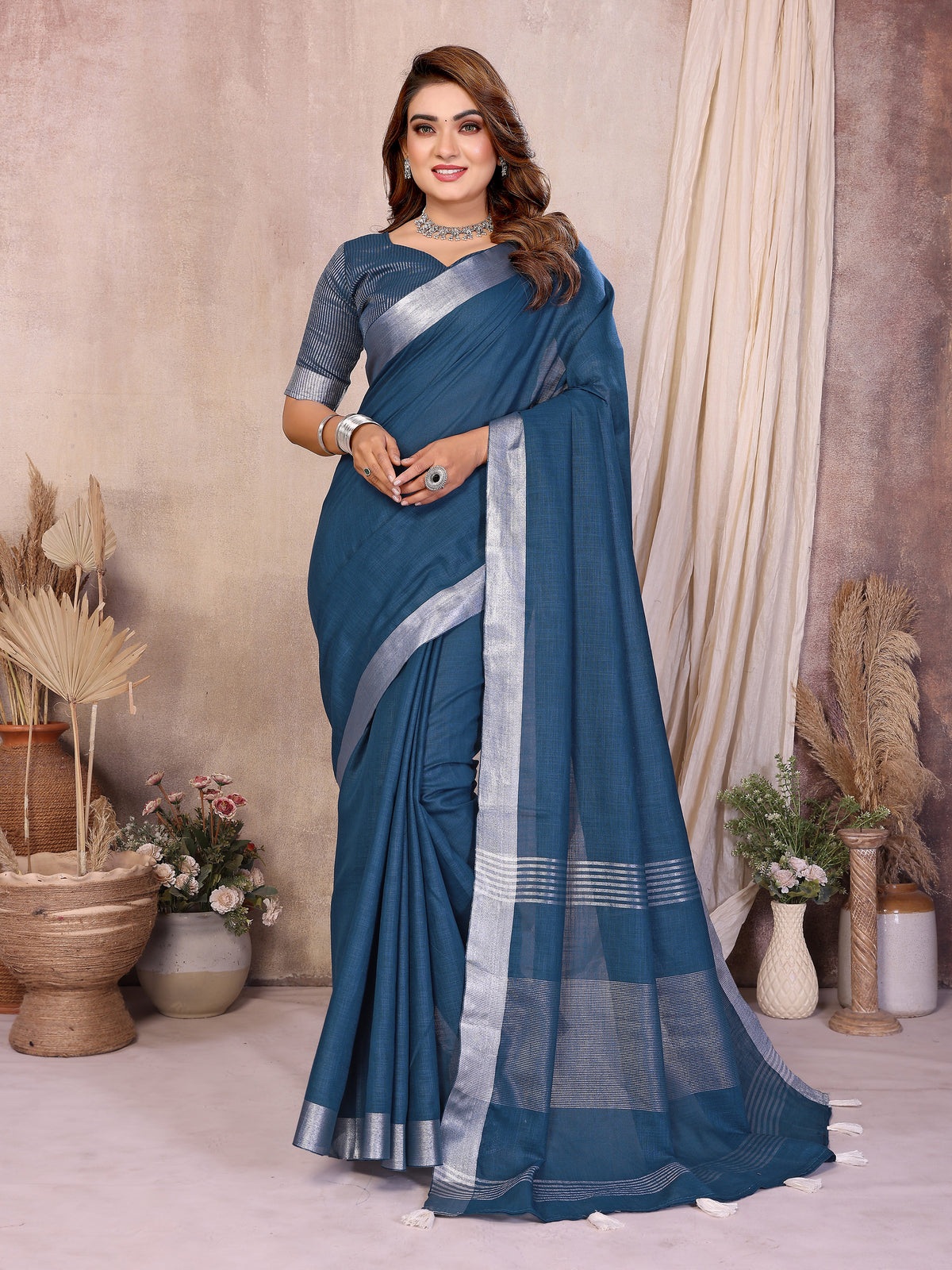 Soft Leaf Linen Silver Zari Border Cotton Saree