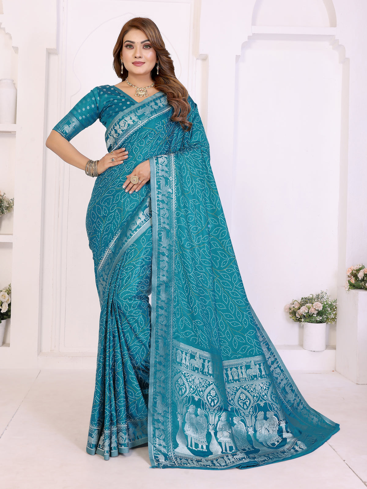 Kanchi Zari Border Satin Silk Bandhej Print Saree