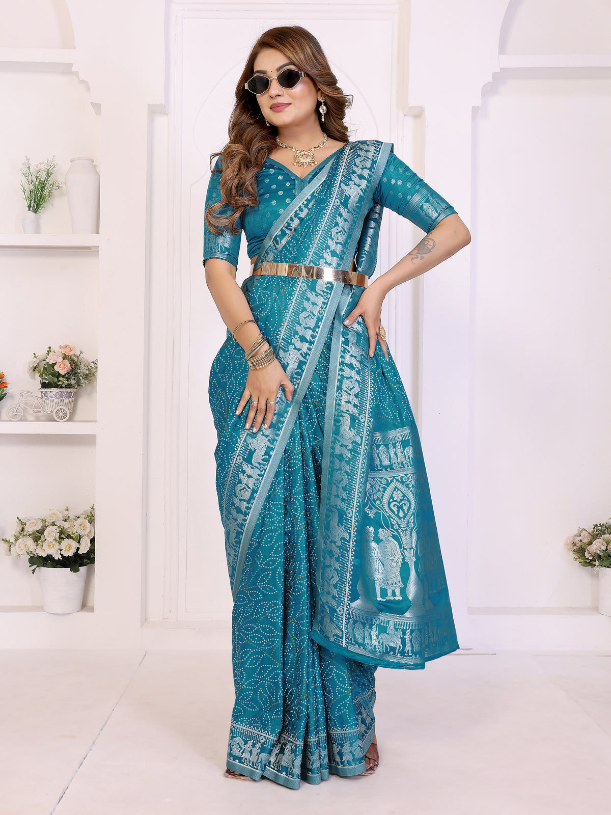 Kanchi Zari Border Satin Silk Bandhej Print Saree
