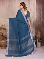 Soft Leaf Linen Silver Zari Border Cotton Saree