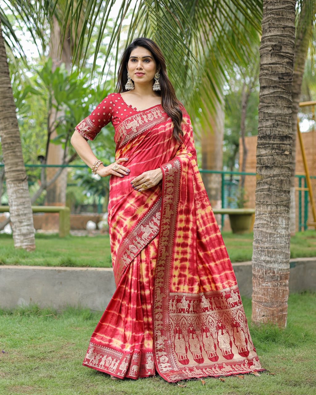 Traditional Printed Border Dola Silk Saree