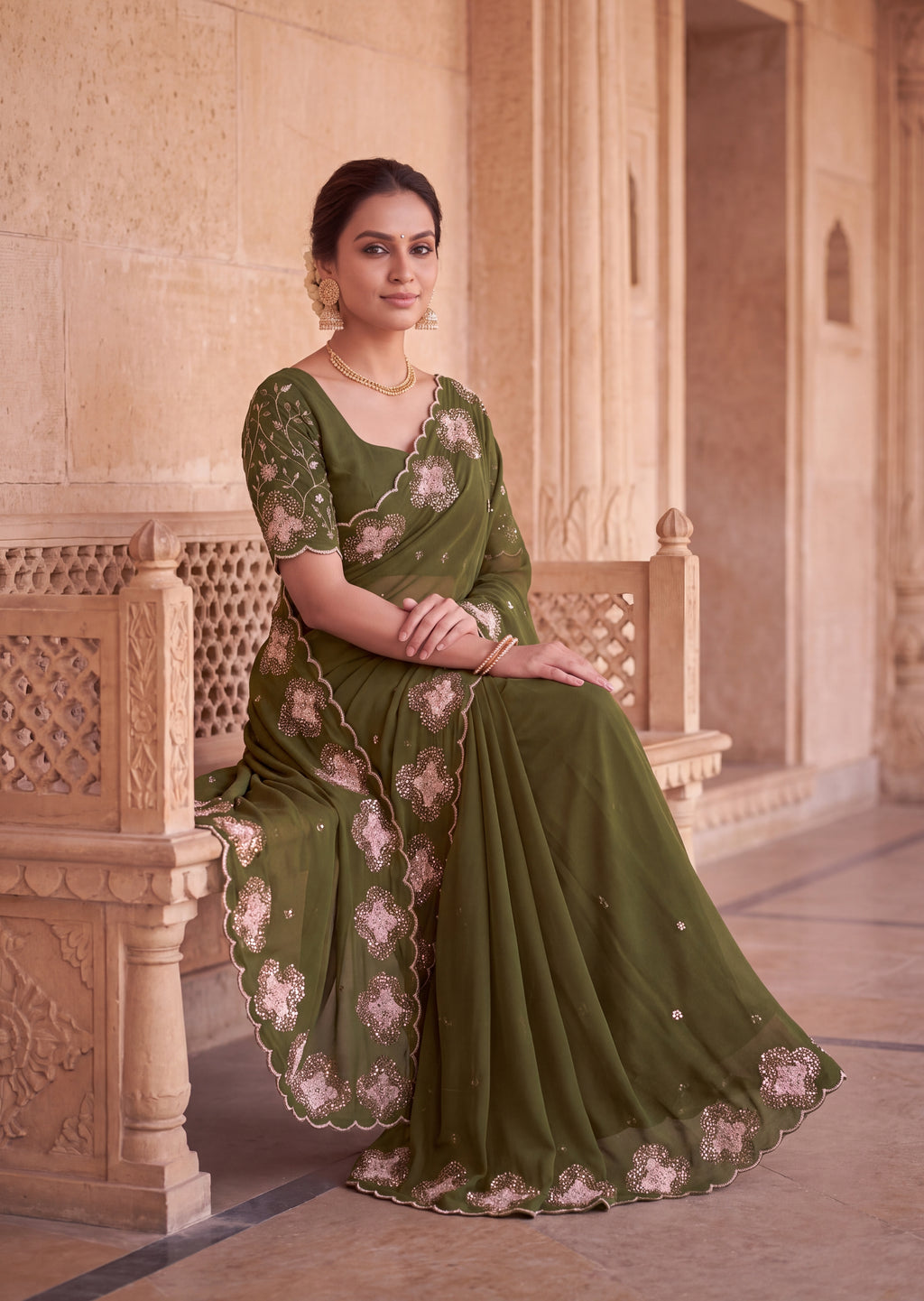 Classy Floral Embroidery Rangoli Saree