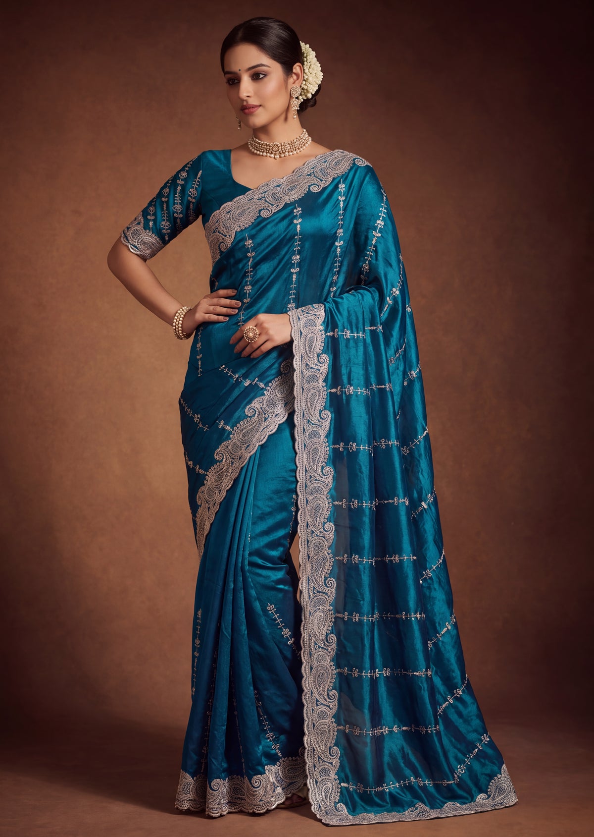 Royal Satin Striped Embroidery Designer Saree
