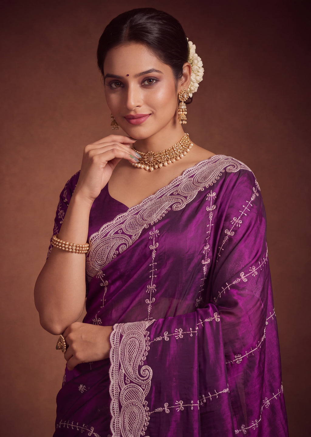 Royal Satin Striped Embroidery Designer Saree