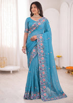 3D Floral Embroidery Two-Tone Crunchy Tissue Saree