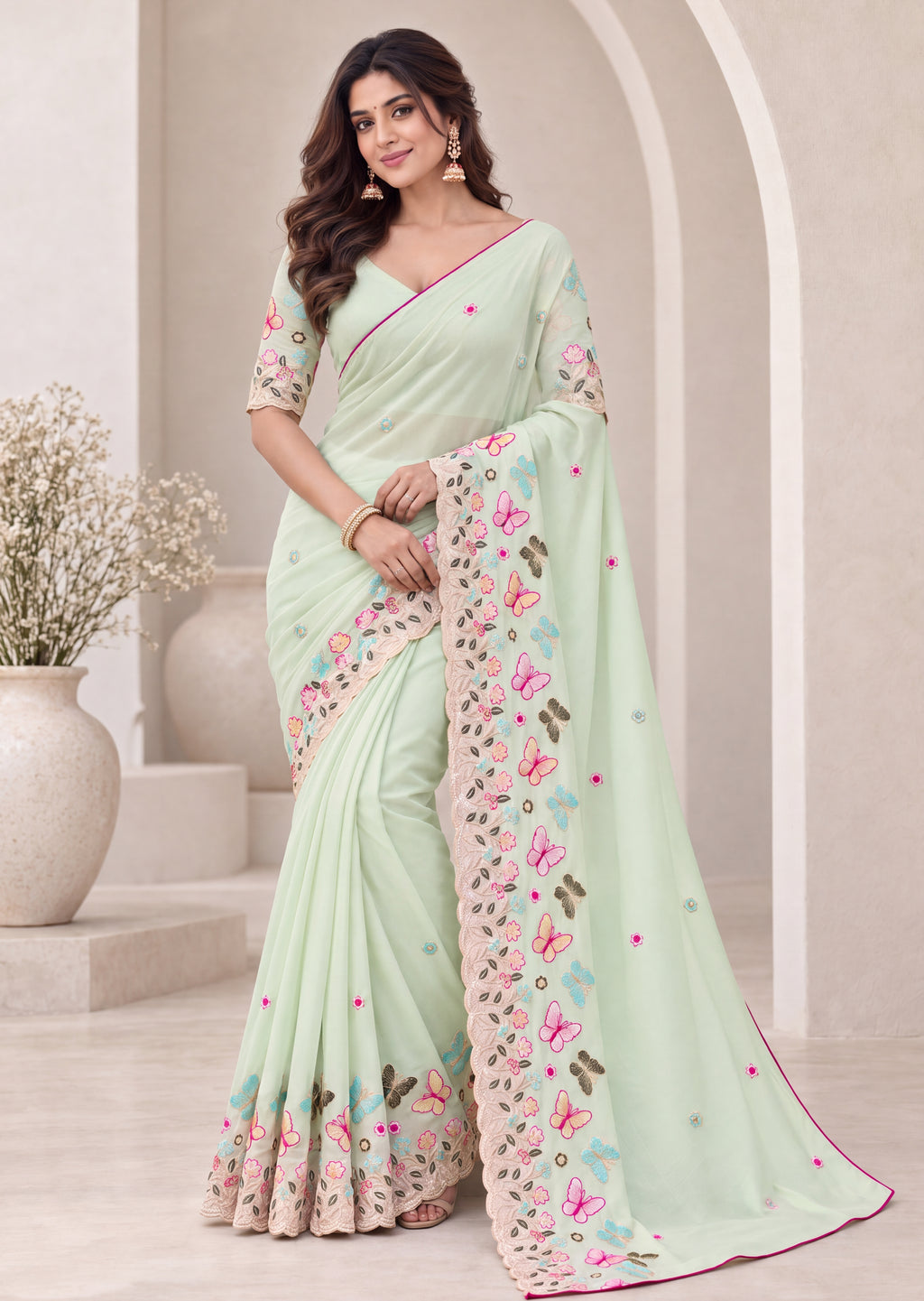 Attractive Floral Rangoli Embroidered Designer Saree