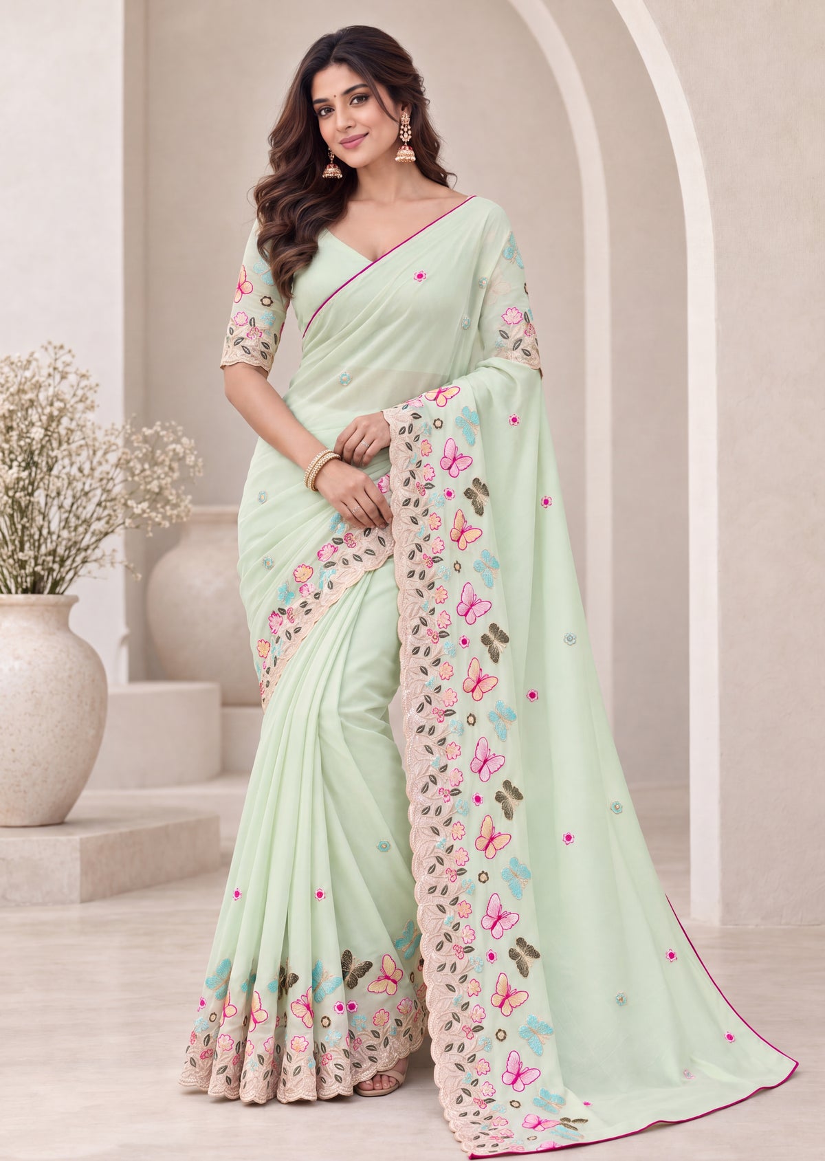Attractive Floral Rangoli Embroidered Designer Saree