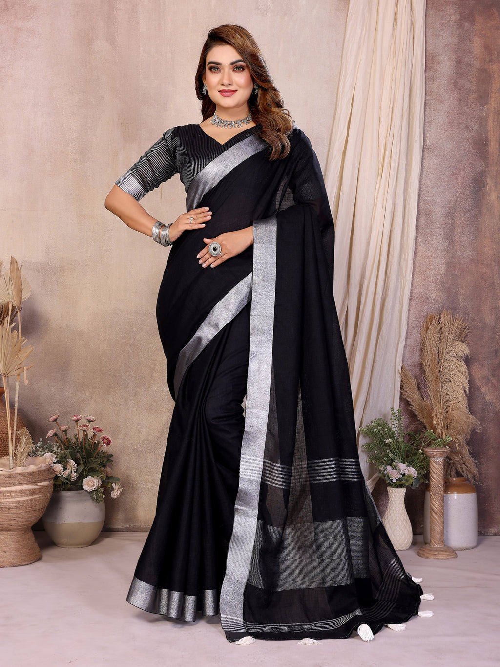 Soft Leaf Linen Silver Zari Border Cotton Saree