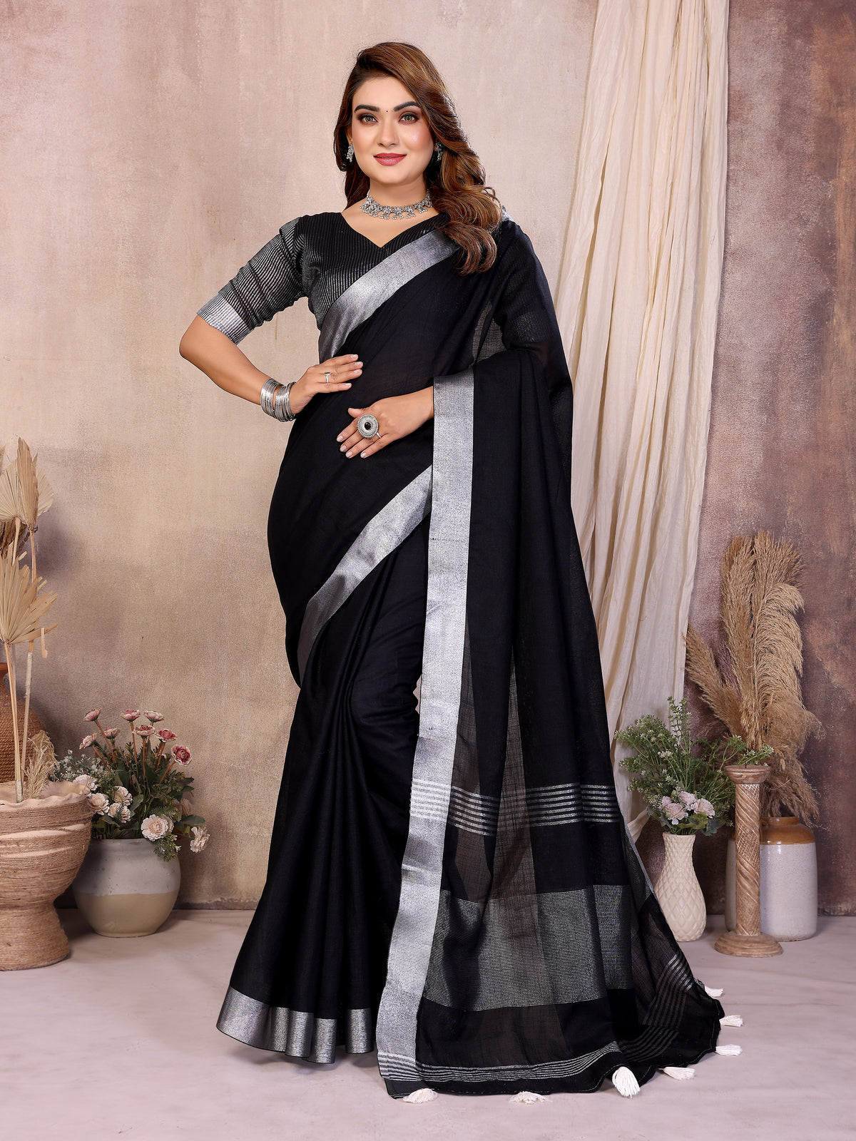 Soft Leaf Linen Silver Zari Border Cotton Saree