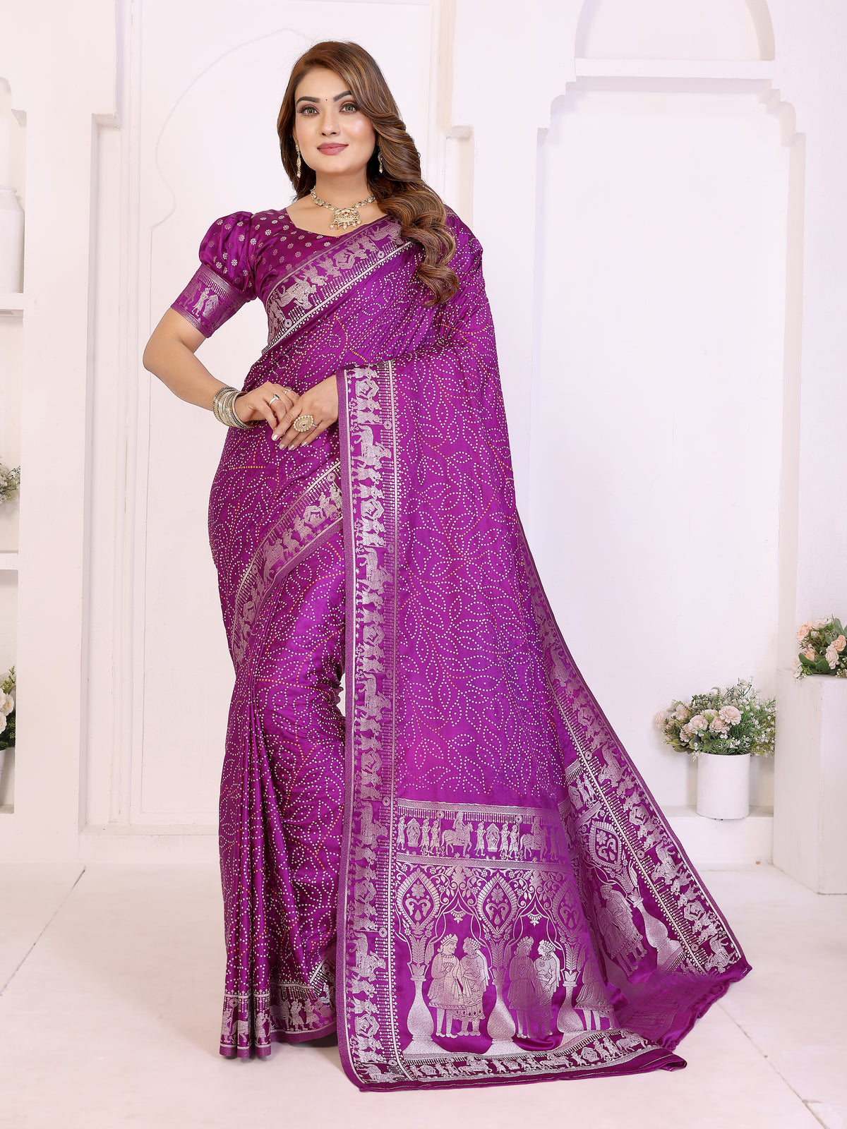 Kanchi Zari Border Satin Silk Bandhej Print Saree