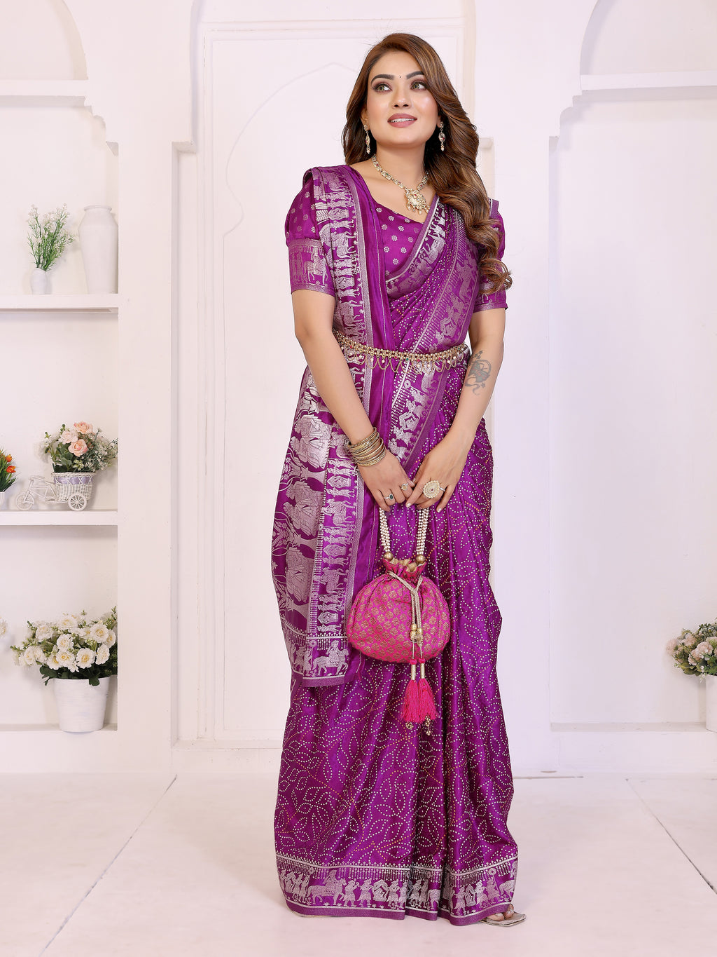 Kanchi Zari Border Satin Silk Bandhej Print Saree