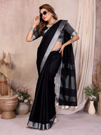 Soft Leaf Linen Silver Zari Border Cotton Saree