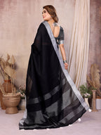 Soft Leaf Linen Silver Zari Border Cotton Saree