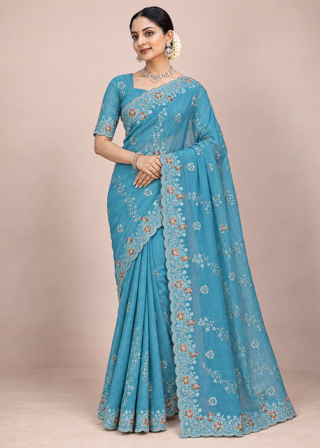 Floral Embroidery Elegant Tissue Silk Saree