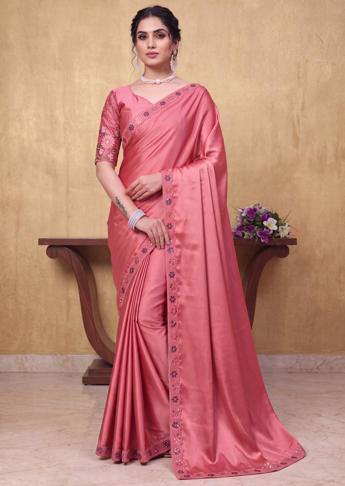Festive Floral Satin Embroidered Saree
