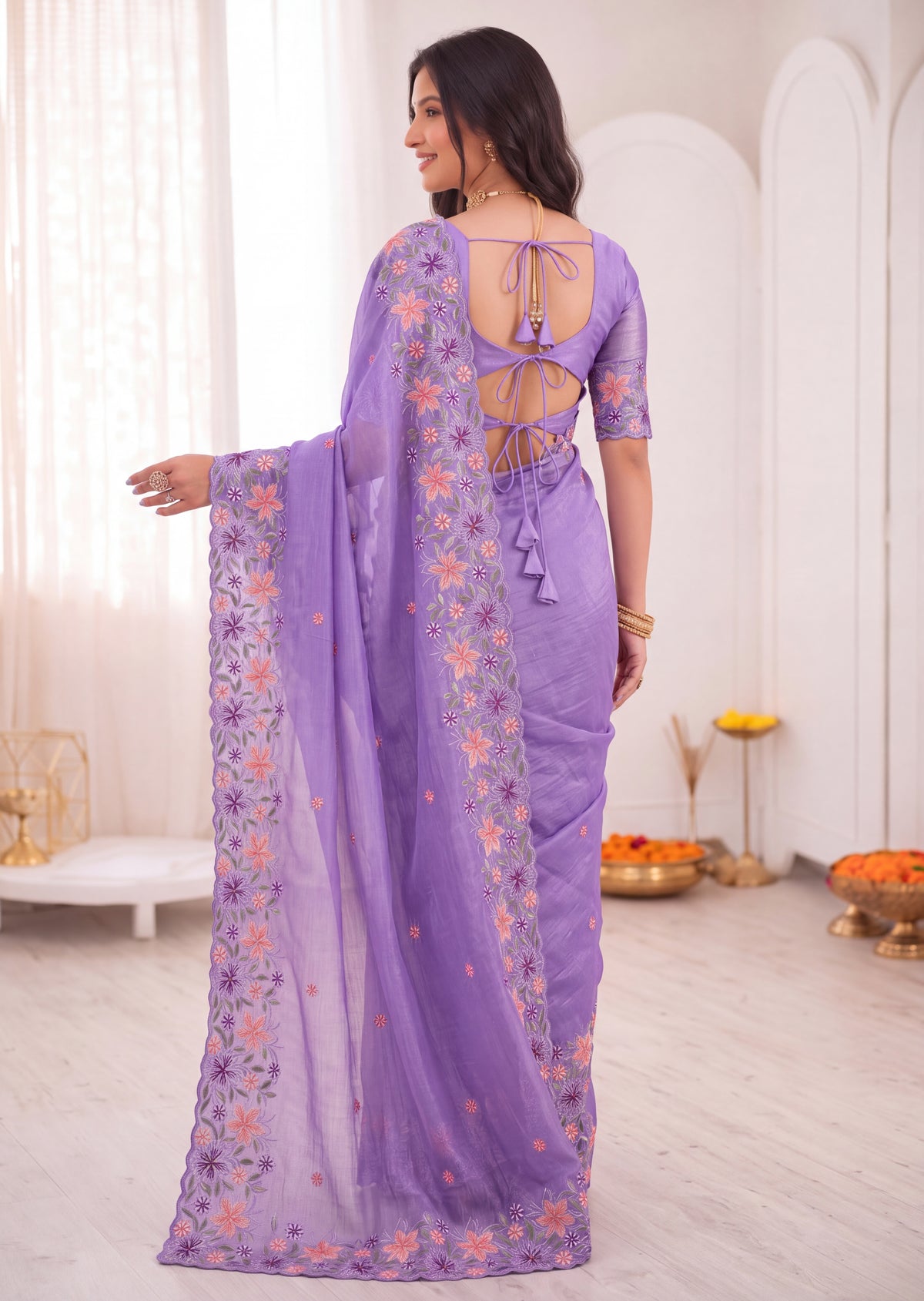 3D Floral Embroidery Two-Tone Crunchy Tissue Saree