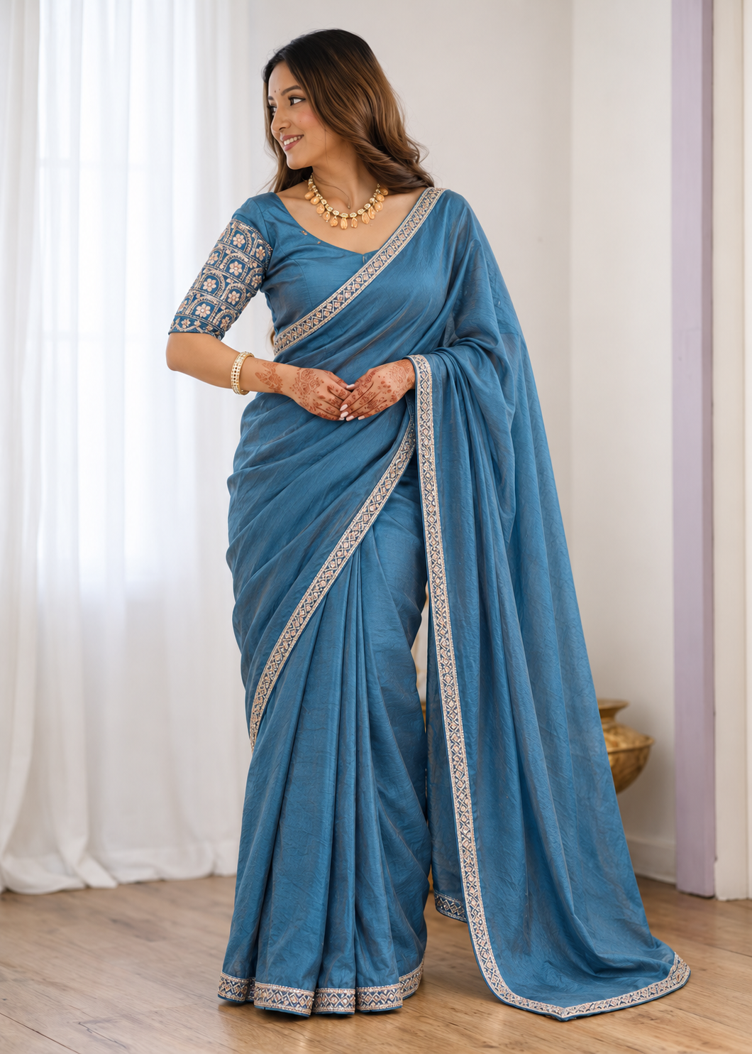 Premium Two-Tone NC Vichitra Beads Handwork Saree