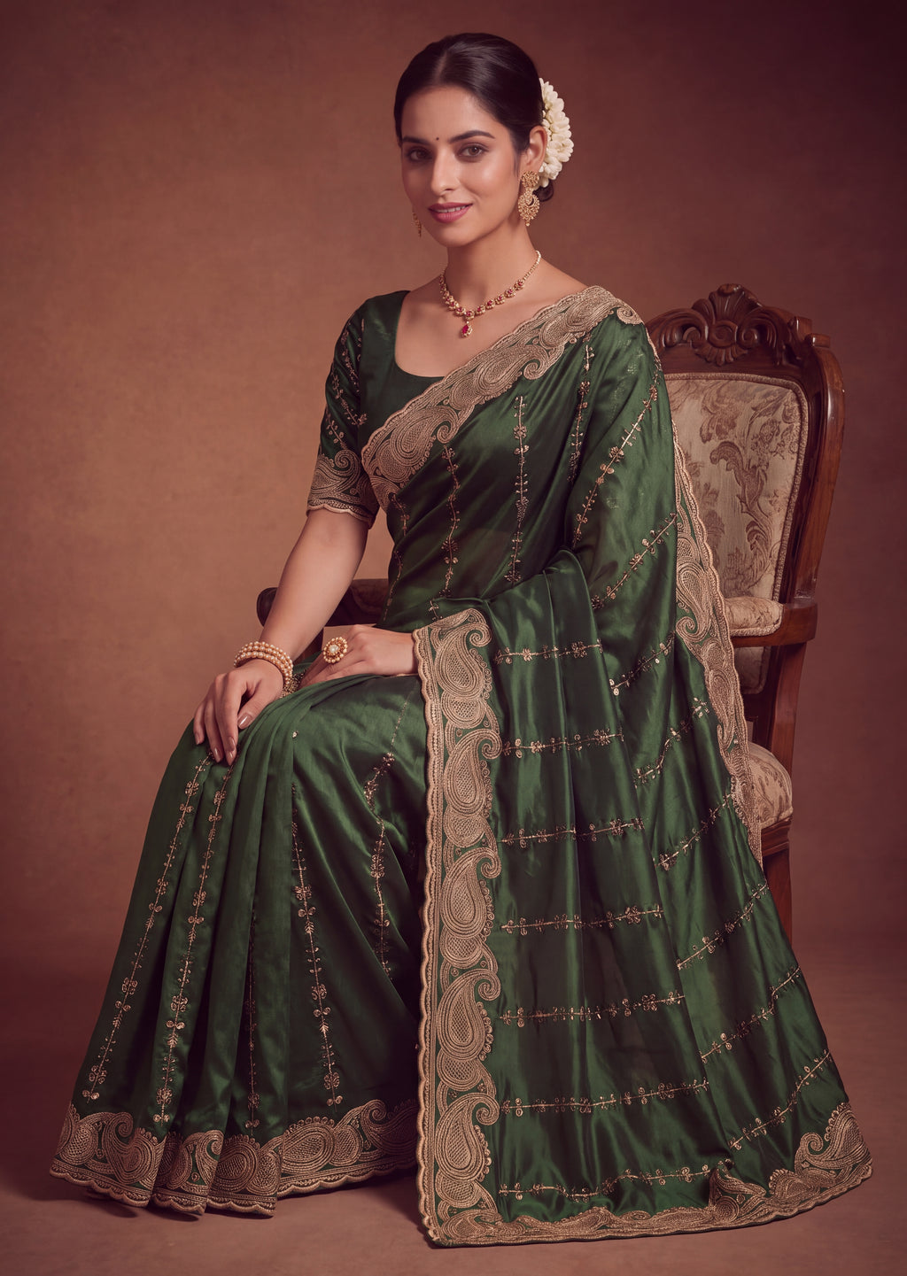 Royal Satin Striped Embroidery Designer Saree