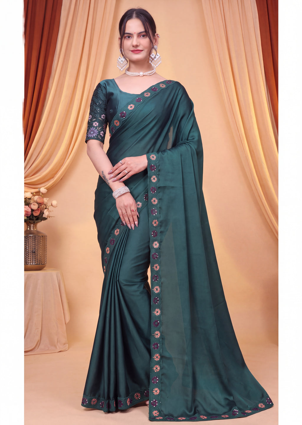 Stylist Party Wear Floral Satin Embroidered Saree