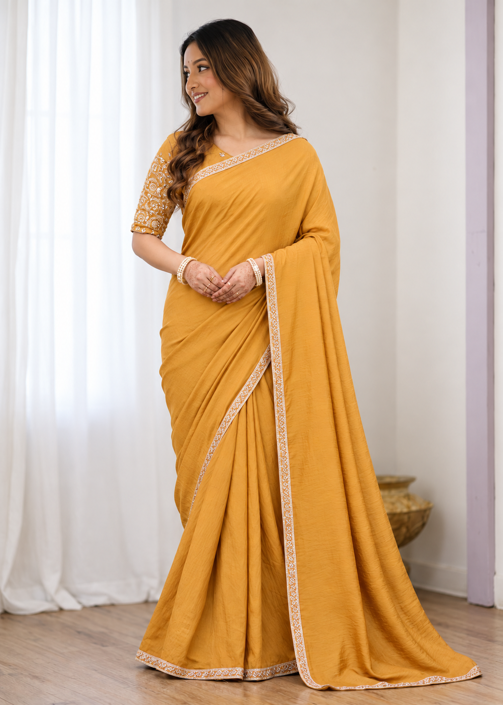 Premium Two-Tone NC Vichitra Beads Handwork Saree