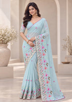 Attractive Floral Rangoli Embroidered Designer Saree
