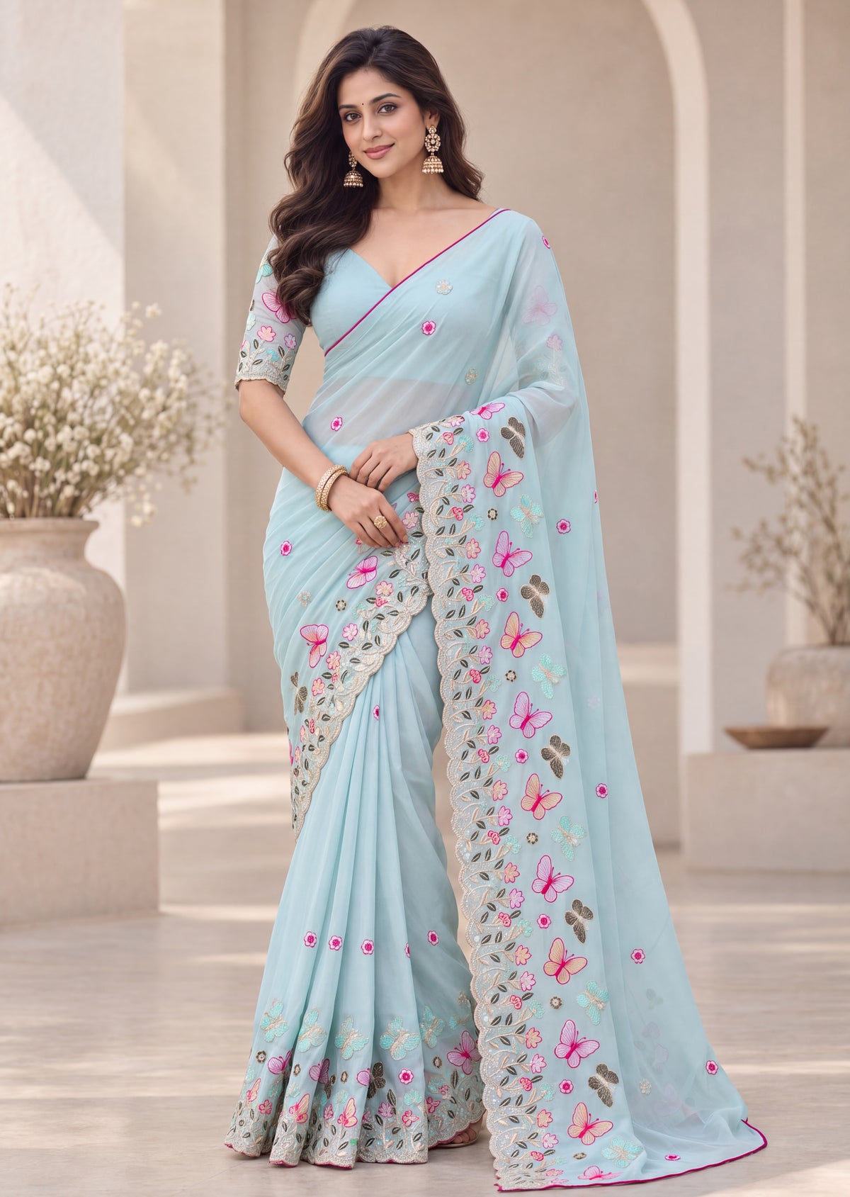 Attractive Floral Rangoli Embroidered Designer Saree