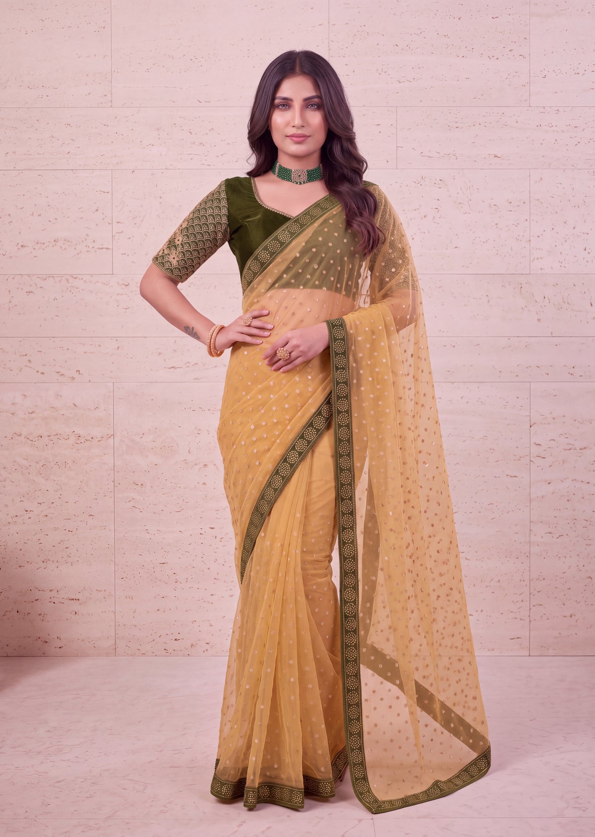 Heavy Sequin Embellished NC Moss Butti Saree