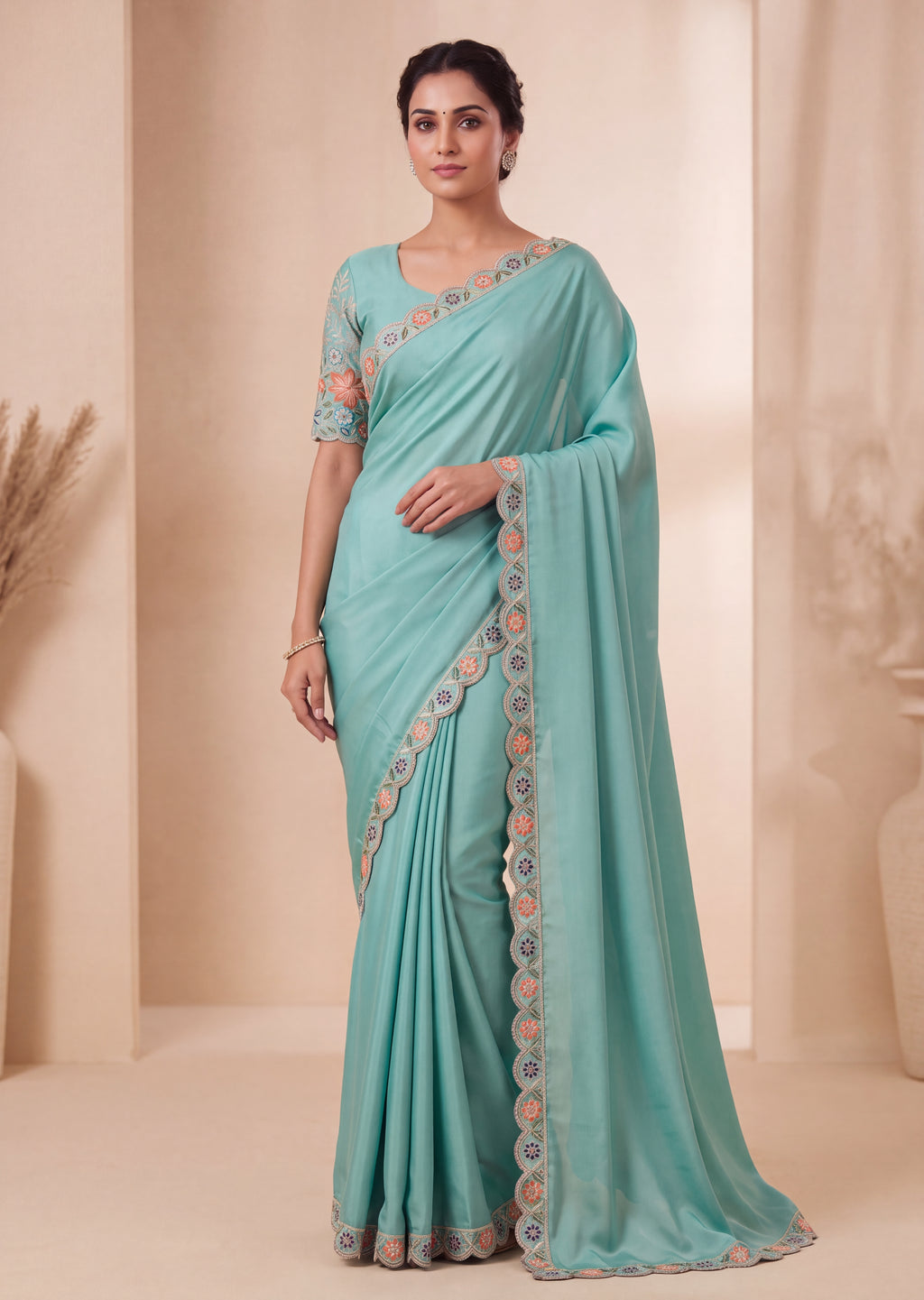 Designer Floral Embroidered Satin Saree