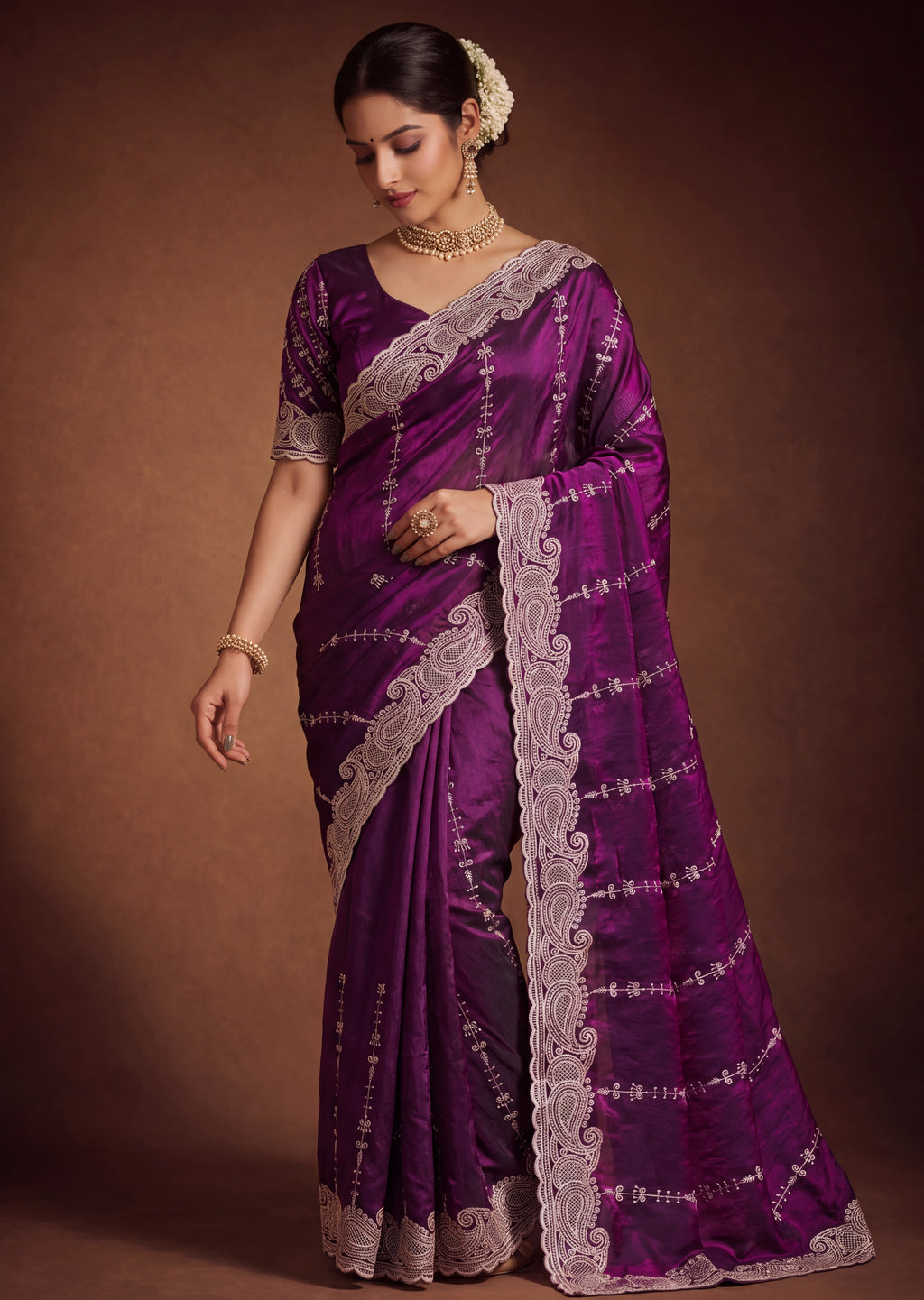 Royal Satin Striped Embroidery Designer Saree