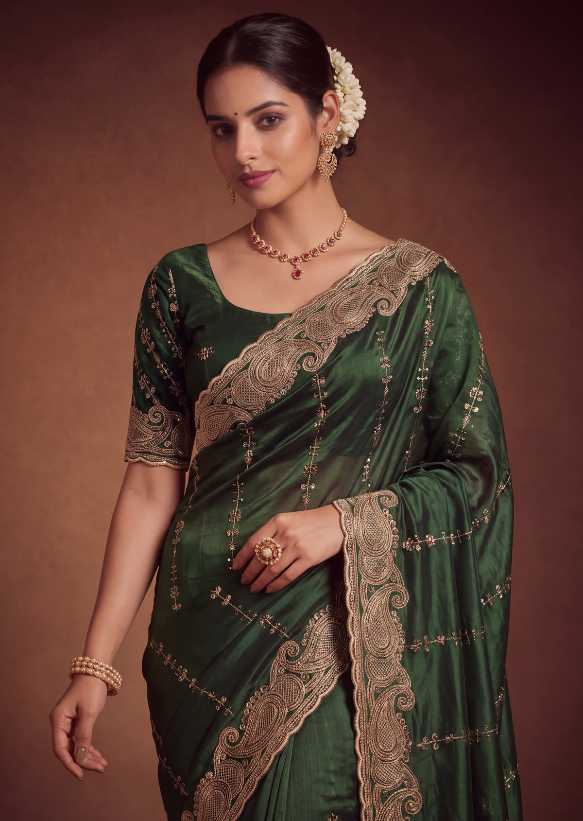Royal Satin Striped Embroidery Designer Saree
