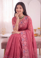 3D Floral Embroidery Two-Tone Crunchy Tissue Saree