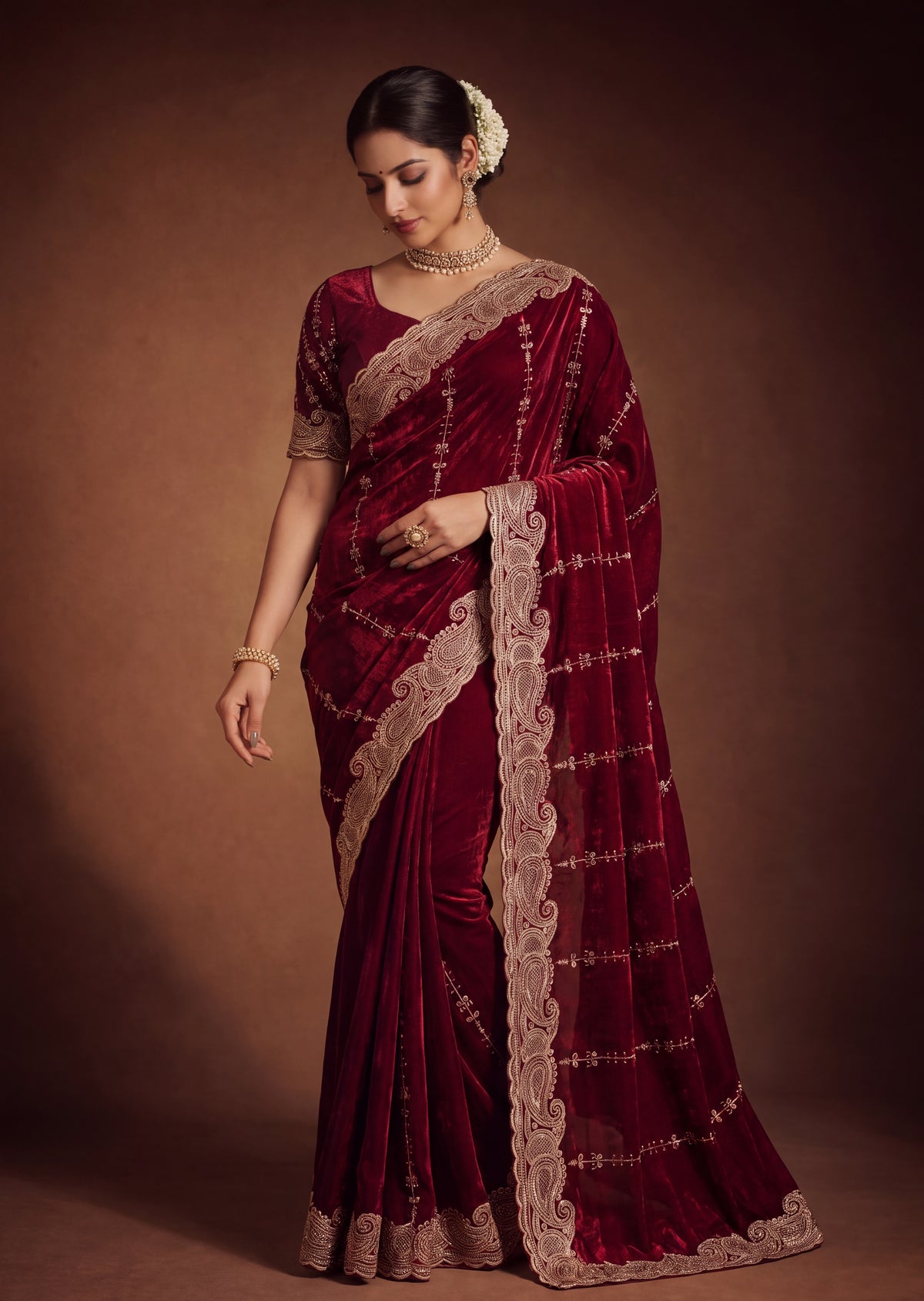 Royal Satin Striped Embroidery Designer Saree