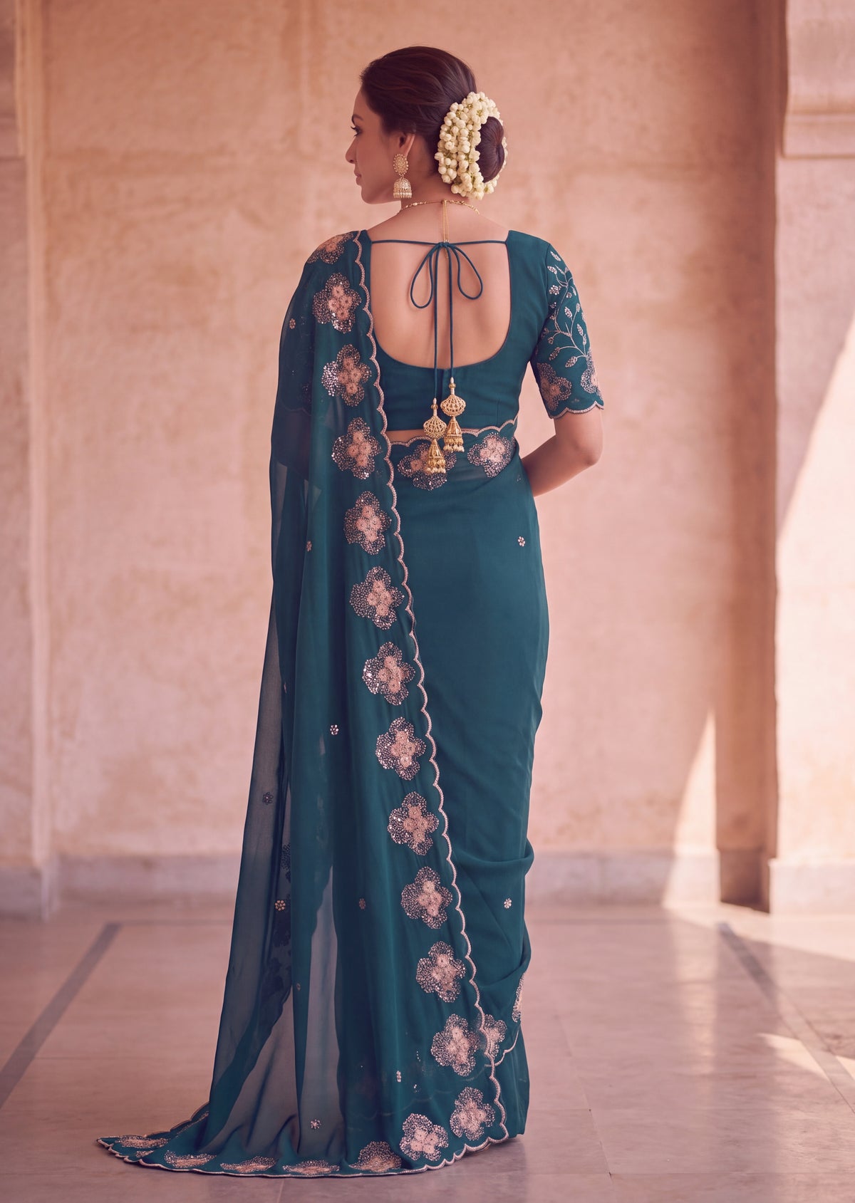 Classy Floral Embroidery Rangoli Saree