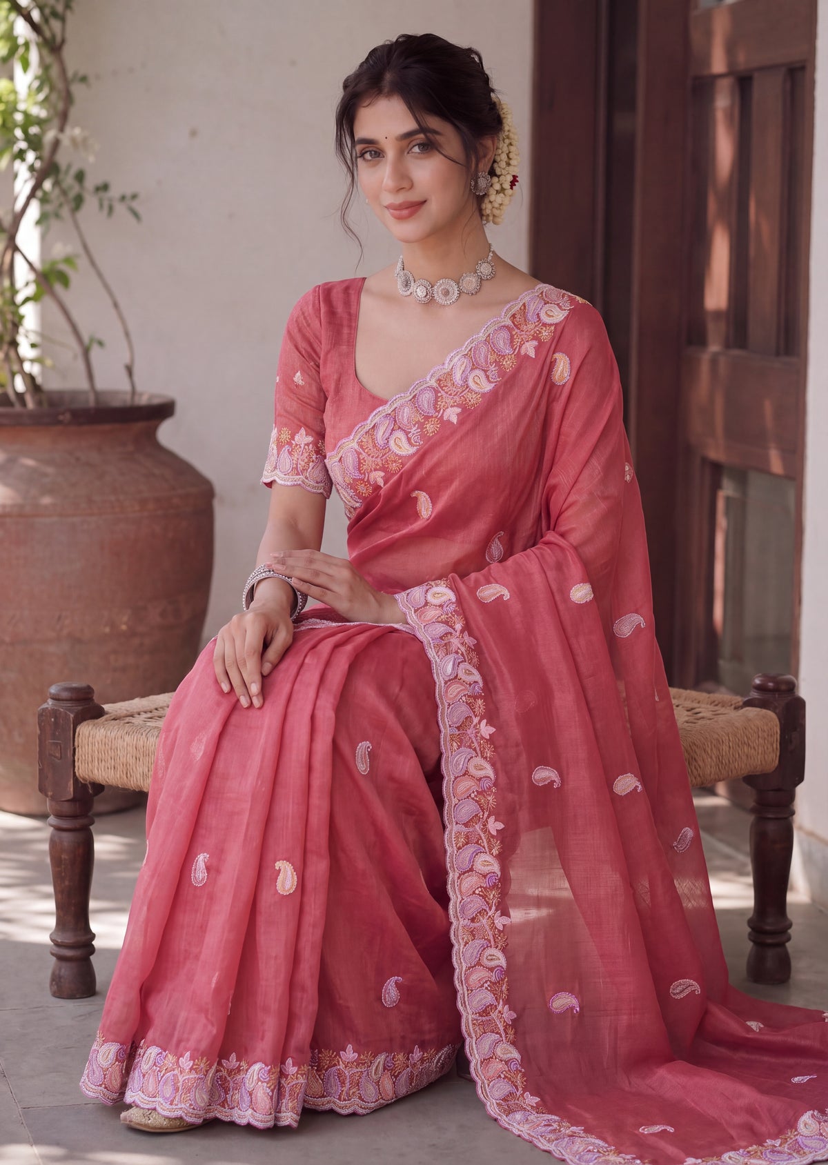 Designer Two-Tone Crunchy Tissue Saree